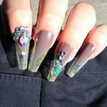 Dark mocha V-cut French long coffin press-on nails with sparkling rhinestones and glitter - Dark Mocha Gold French Rhinestones - Glue Style (CBLCY-376)