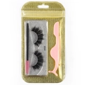 Detailed set featuring black false eyelashes with pink brush and applicator in gold pouch - Gold Bag #104