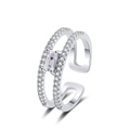 Silver double-layer open ring with emerald-cut zircon and pave-set accents - White Gold Color-White Zirconia