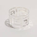 Polished silver metal napkin ring featuring an intricate hollow geometric Greek fret pattern - Greek Key Pattern / Silver