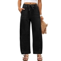 Detail van de losse zwarte broek met trekkoord, elastische taille en soepele drape - S / Zwart