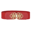 Red wide elastic waist belt with gold hollow flower metal buckle for dresses - Red