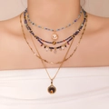 Layered French vintage necklace with natural stones, colorful beads, and evil eye pendant - Multi-layer Layered Necklace Set (XL-488J-1)