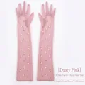 Long dusty pink bridal mesh gloves with elegant white pearls and 55cm length - Bean Pink (Full Finger With Pearls)