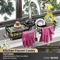 Dual-sided black kitchen faucet rack with towel bar and storage baskets - Black Square Integrated Style (With Drain Tray)