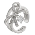 Silver bow ring with sparkling crystals and a round diamond drop in an open design - Silver