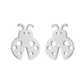 Close-up of silver stainless steel ladybug stud earrings with cutout dot details - Steel