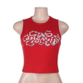 Detail of red sleeveless crop top with GAS Collection white art font graphic print - S / Red