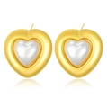 Elegant 3D gold heart stud earrings with white pearl inlay and polished metallic finish - Linked 3D White Heart