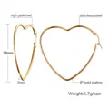 Detail showing 38mm heart earrings in polished stainless steel with dimensions - Gold Heart