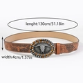 Detail of 130cm western leather belt with bull head buckle and floral embossing - 130cm / Brown