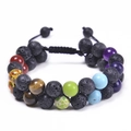 Double-layer 10mm lava stone and colorful chakra beads bracelet with adjustable cord - 10MM Lava Rock + Seven Chakra Stone Bracelet