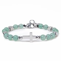 Adjustable light green beaded bracelet with stainless steel cross charm for women - Green Aventurine-B