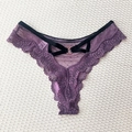 Sexy purple lace thong with polka dot mesh and black strappy waist with gold heart ring - M / Purple
