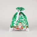 Green Christmas gift bag with Santa Claus and tree motifs and white ribbon drawstring - Christmas Green / 24*32cm