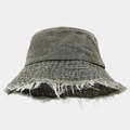 Close-up detail of distressed frayed edges on a vintage washed denim bucket hat - M (56-58cm) / Army Green