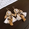 Bohemian rhombus tassel earrings in gold and beige with leaf charms and soft fringe - Round Drip Oil Leaf Crystal Tassel Style