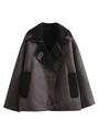 Detail of a dark brown faux suede jacket with black faux shearling lining and wide collar - S / Coffee