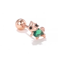 Macro detail of cat-shaped piercing earring with green heart gemstone and rose gold finish - Style 1426 / Rose Gold