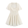 Elegant white lace short sleeve dress with sweetheart neckline and flared waist design - XS / Milky White