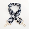 Detail of adjustable blue and white wavy geometric woven strap with gold metal hooks - Dark Blue