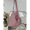 Pink canvas tote bag with black heart pattern on a transparent chair for lifestyle use - Pink Heart Polka Dot(11#)
