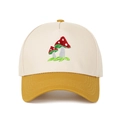 Detailed close-up of mushroom embroidery on a two-tone cotton baseball cap with curved brim - Adjustable / Yellow