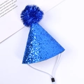 Blue sequined pet birthday party hat with adjustable elastic strap and top pom pom - Encrypted Glitter Pom Pom Hat / Sapphire Blue