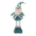 Detail of Christmas plush figurine with blue and grey knit texture and retractable legs - Santa Claus / Blue Retractable Legs