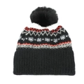 Damen Strickmütze mit Nordischem Muster und schwarzem Bommel für den Winter - Schwarz