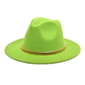 Detail of neon green wool fedora hat featuring wide brim and golden metallic band - M (56-58cm) / Fruit Green