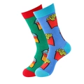 Funny unisex mid-calf crew socks featuring French fries and soft drink patterns - One Size / Fries Soda Style (A1141) / Green Blue Color Block