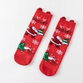 Red Christmas socks featuring Santa Claus motifs and cute red pom-pom decorations - Red Santa Gifts with Pom-pom
