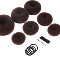 Brown sponge hair bun maker set with black elastic ties and U-shaped hair clips - 32-Piece Coffee Set / Brown
