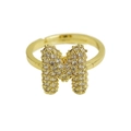 Adjustable golden open ring with bubble letter M paved in sparkling white zircon crystals - Adjustable Open / Gold-M
