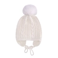 Detailed knit texture of white baby hat with large faux fur pom and ear flaps - One Size / White