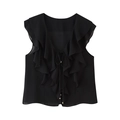 Elegante zwarte mouwloze top met V-hals, gelaagde ruches en verfijnde vetersluiting voor - XS / Zwarte Top