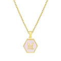Goldene Edelstahlkette mit sechseckigem Anhänger aus rosa Muschel und Buchstabe M - Rosa Muschel M