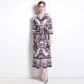 Violet floral print midi dress with lapel collar and waist belt in a loose fit - M / Purple