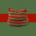 Detail of red and green striped knit beanie featuring cute handmade devil cat ears - Red Green Stripes