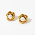 Elegant gold camellia flower stud earrings with white pearl center for women - Gold Camellia Flower Earrings D2849
