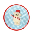 White teddy bear with Christmas hat and striped scarf on a red checkered plate - White Joint Bear with Red and White Scarf