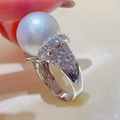 Luxury baroque vintage ring with large white round pearl and micro-paved sparkling crystals - US 6 / White Gold