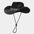 Détail d'un chapeau de cowboy en paille noire avec bande léopard et jugulaire réglable - Taille unique / Noir