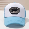 Detailed front view of a blue and white trucker hat featuring a Los Angeles graphic - Sky Blue