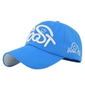 Blue baseball cap with white Boost 3D embroidery and side smile graphic on a plain background - Adjustable / Blue