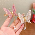 Exquisite gold butterfly hair clips with pearl tassels in pink and white styles - Pink Butterfly + Gold Butterfly