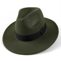 Detailed top-down view of olive green wool fedora hat with elegant black ribbon band - M (56-58cm) / Army Green