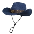Unisex navy blue woven cowboy sun hat with bull head emblem and adjustable chin strap - M (56-58cm) / Navy Blue