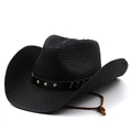 Classic black straw cowboy hat with metallic studded brown band and chin strap - M(56-58cm) / Black